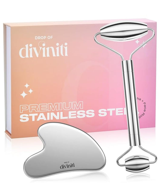 Stainless Steel Face Roller - Premium Gua Sha Facial Tools Stainless Steel GuaSha Tool and Face Roller Set - Gua Sha Stainless Steel Gua Sha Tool - Metal Face Roller and Gua Shua Set - Spa Gifts