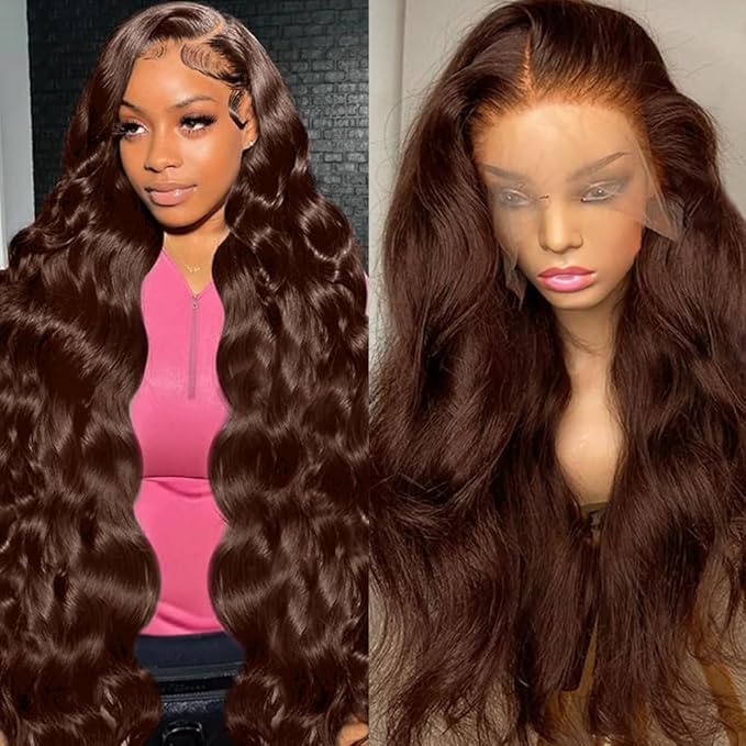 abbildung 28inch Chocolate Brown Lace Front Wig Human Hair 13x6 HD Transparent Body Wave Lace Front Wigs Human Hair Pre Plucked Glueless Frontal Brown Wig Human Hair 180% Density #4