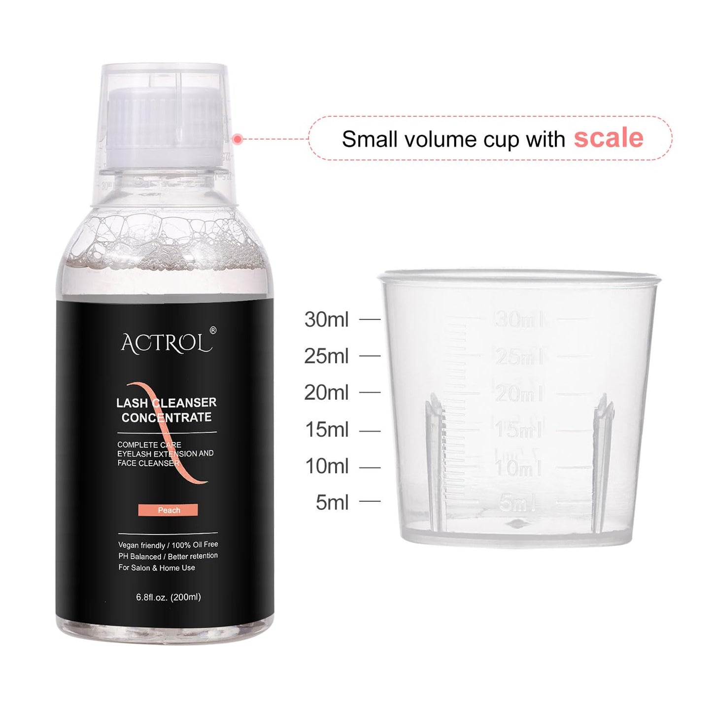 Eyelash Cleanser Concentrate 200ml Peach Professional Lash Shampoo Foaming Cleanser Paraben & Sulfate Free Non-lrritating Wash for Extensions Lashes with Salon Home Care-Makes 40 Bottles