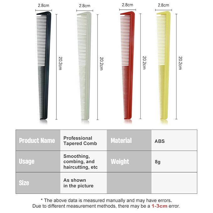 4 Pieces Taper Comb Set, Barber Hair Combs Anti Static Heat Resistant Cutting Comb Hairdressing Comb for Men Women Salon or Hotel Hair Care (Black/White/Red/Yellow)