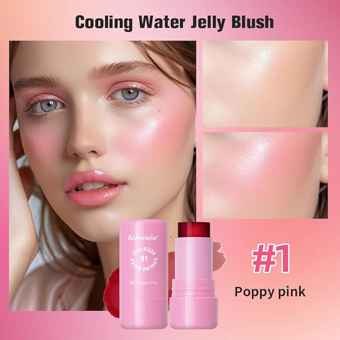 Multi-Use Cooling Water Jelly Blush/Lip Tint & Eye Shadow - Sheer Stain withBuildable Watercolor Finish - Long-Lasting Moisture - 1,000+ Swipes Per Stick - Jelly Texture for Lip & Cheek (Poppy Pink)