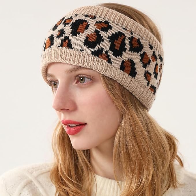 Women Leopard Knit Headband,Warm Sports Headscarf,Soft Stretchy Wide Hair Band,Fashion Accessories for Daily Wear
