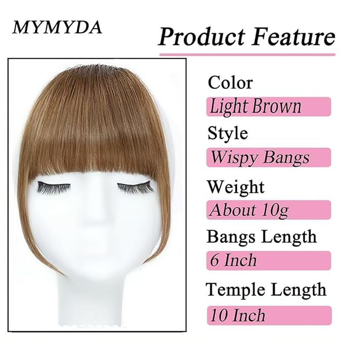 Clip in Bangs Light Brown Color 100% Real Human Hair Wispy Clip on Bangs Extensions Fringe with Temples Hairpieces for Women