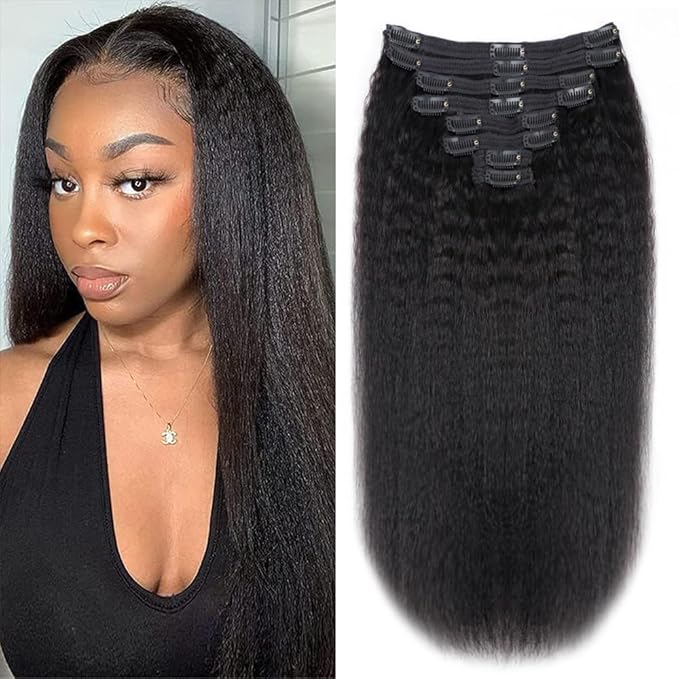 Kinky Straight Human Hair Clip in Extensions 120g Full Head Clip ins for Women 100% Unprocessed Brazilian Virgin Human Hair Yaki Straight Clip ins Remy Hair Natural Black 8Pcs 18Clips 14inch