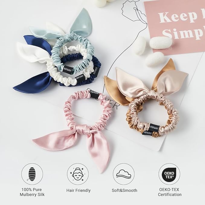 THXSILK Hair Silk Scrunchies with Bow for Women Pure Mulberry Silk Hair Cute Ring Ties Scrunchies for Girls Women's Thick Hair, Grey, 2.8"