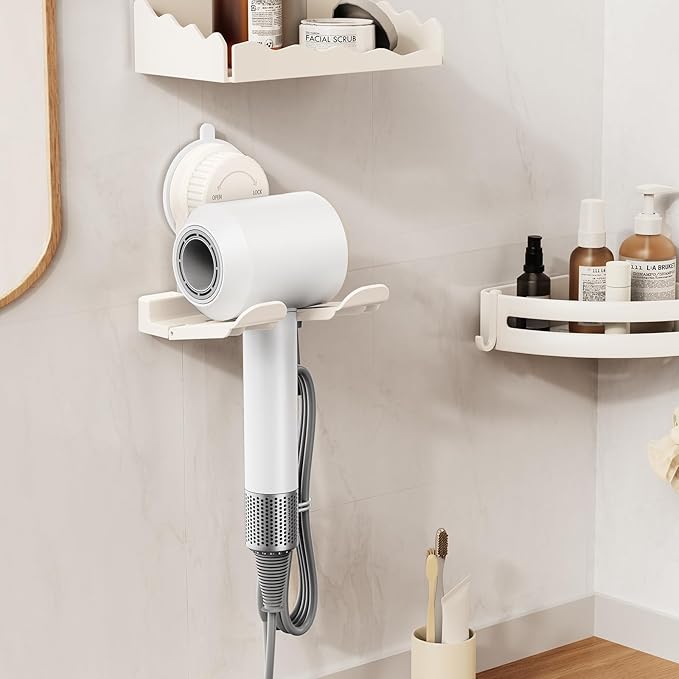 Universal Suction Cup Blow Dryer Holder,Hairdryer Holder For Bathroom Wall Mount,With Plug&Cord Organizer.Strong And Stable，Easy Installation Ideal for Bathroom And Cabinet Door(White)