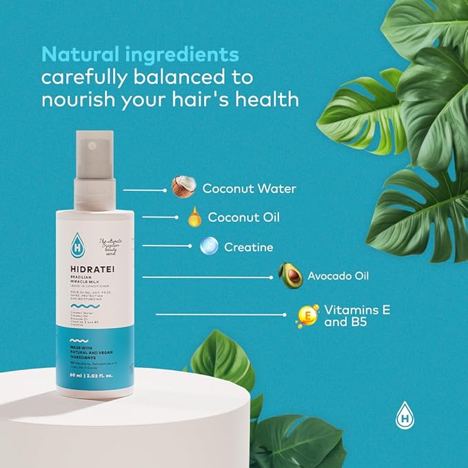 Hidratei Brazilian Healthy Leave In Conditioner Anti-Frizz Spray | Vegan Hair Treatment for All Hair Types | 24+ Hour Protection from UV, Heat, & Frizz | Reduces Breakage 2.03 Oz