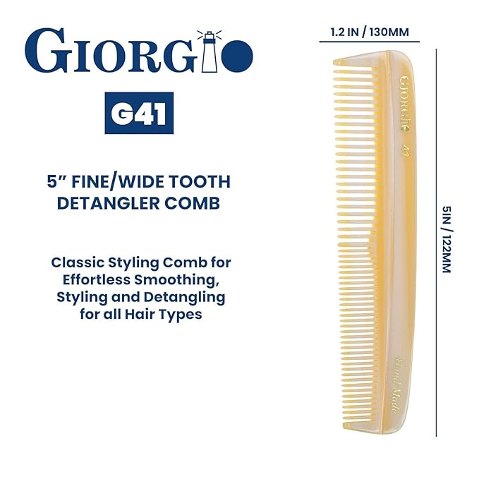 Giorgio G41 Wide Tooth and Fine Tooth Pocket Comb, Hair Styling for Men, Travel Hair Comb for Women, Handmade Beard and Mustache Comb for Men, Barber Combs