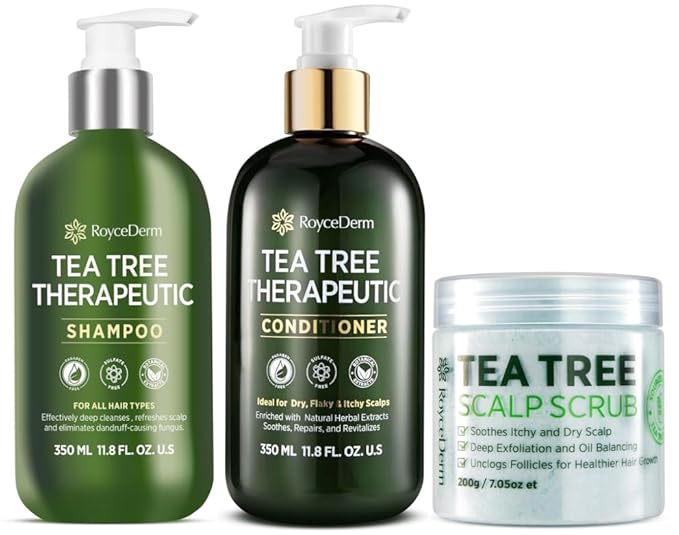 Roycederm Tea Tree Antifungal Scalp Care Set – Pre-Shampoo Scrub + Tea Tree Antifungal Shampoo + Hydrating Conditioner – Itchy & Dry Scalp Relief, Dandruff & Folliculitis Treatment