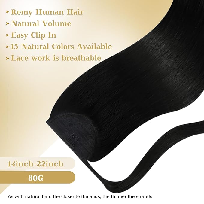 Ve Sunny Hair Extensions Ponytail Real Human Hair Wrap Around Clip in Ponytail Hair Extensions Straight Extensions Human Hair for Women Jet Black 16inch 80G