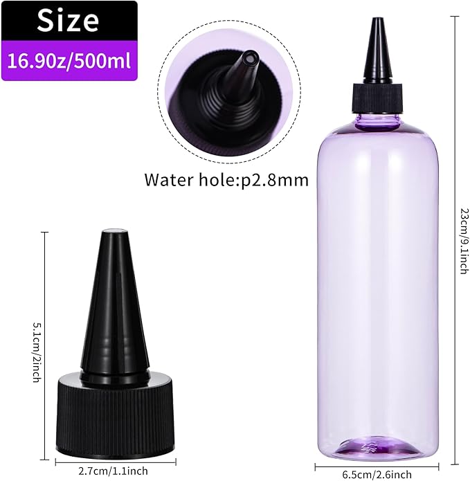 driew Applicator Bottles for Hair, 16.9oz Hair Squeeze Bottle for liquids Twist-On Top Tip Cap with Ratio Graduated Scale Color Applicator Bottle Dye Pack of 2 (16.9oz Clear Purple)