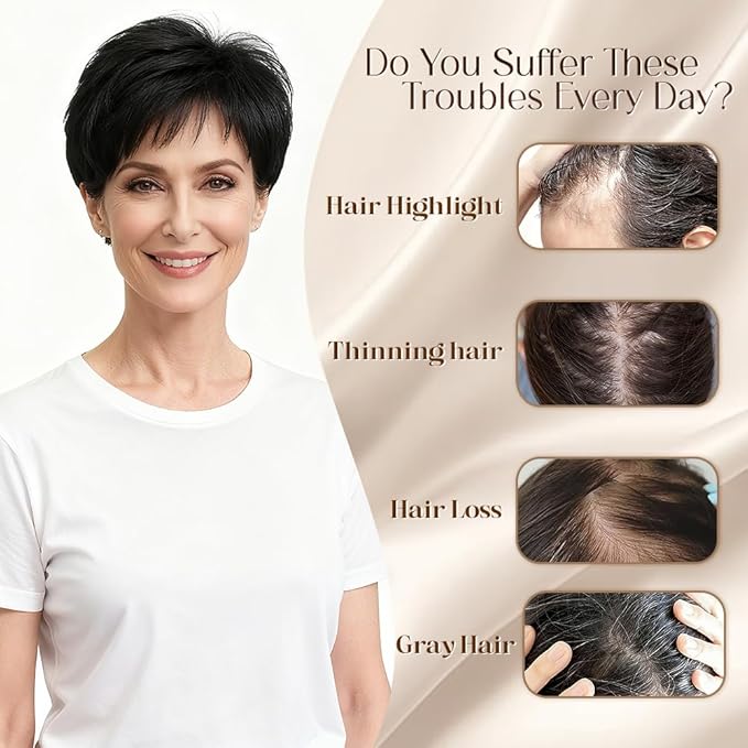 Short Hair Topper for Thinning Hair 4 Inch Short Pixie Cut Toppers Pieces Natural Curly Texture Synthetic Black Wiglets Hairpieces (Black, 4 inch)