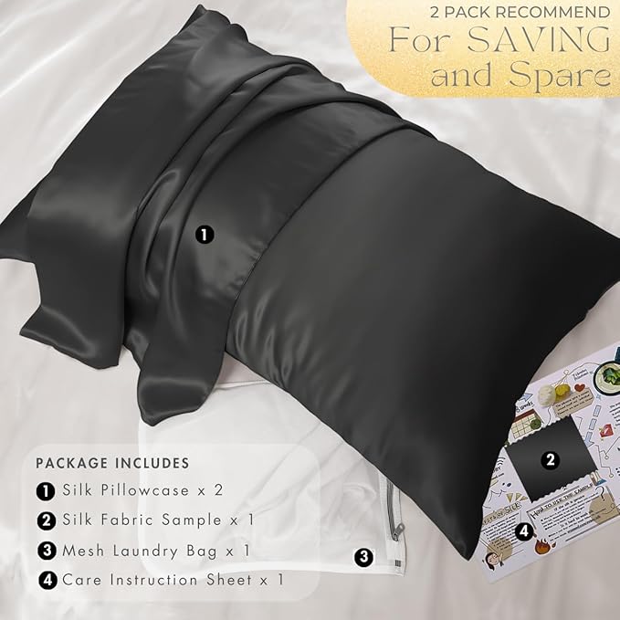 PROMEED 100% Mulberry Silk Pillowcase Set of 2, 23 Momme 3rd Gen Grade 6A+ 100% Mulberry Silk Pillow Cases 2 Pack, Real Silk Pillow Cover for Acne Prone Skin (King 20"x36", Black)