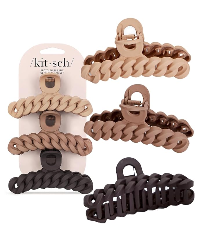 Kitsch Recycled Plastic Large Claw Clip, Big Chain Hair Clips for Women, Big Claw Clips for Thick Hair | Ideal Gifts for Women, (3pc Set Large Neutrals)