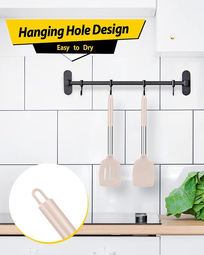 Pack of 2 Silicone Solid Turner, Non Stick Slotted Kitchen Spatulas, High Heat Resistant BPA Free Cooking Utensils, Ideal Cookware for Fish, Eggs, Pancakes(Stainless Steel Khaki)