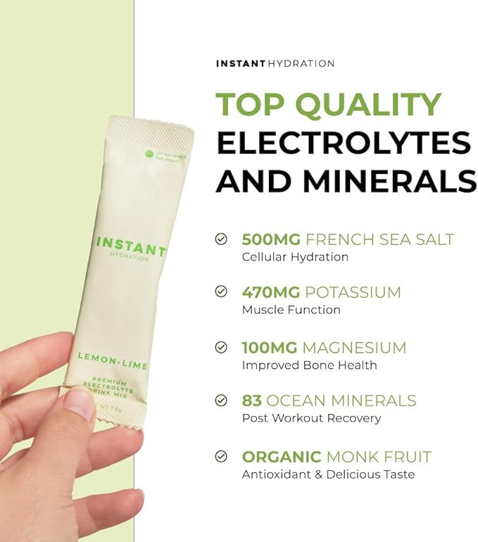 Instant Hydration Electrolytes Powder Packets - Lemon Lime Drink Mix - Zero Sugar - Keto, Vegan, Gluten-Free, Non-GMO - Boost Recovery, Brain Health, Muscle & Tissue Support- 30 Sticks