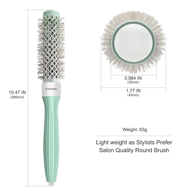 Eagle Fortress Round Brush for Blow Out, Thermal Ceramic Hair Brush for Blow Drying with Ionic Bristle for Professional Blowout Brushing - Green, 25mm