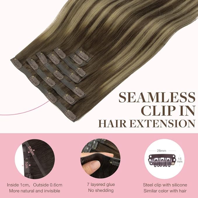 GOO GOO Clip in Hair Extensions Real Human Hair, Remy Human Hair Extensions Clip ins for Women, Natural Human Hair, 20inch 110g 7Pcs, 4/26/4 Balayage Chocolate Brown to Honey Blonde