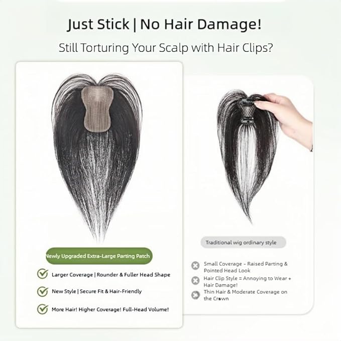 Anemone 100% Real Human Hair Topper No Need Clips Magic Paste Hair Seams 7x10cm Skin Base Fringe Bangs Easy to Wear (1B French Bangs)