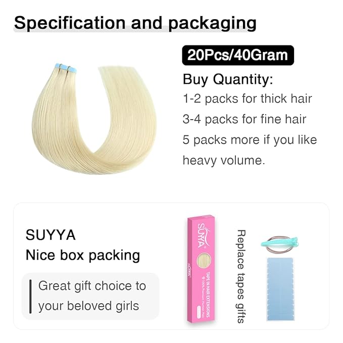 SUYYA Tape in Hair Extensions Human Hair Platinum Blonde 16 Inch 40g/pack 20pcs Straight Seamless Skin Weft Tape in Real Human Hair Extensions(16inch #60)