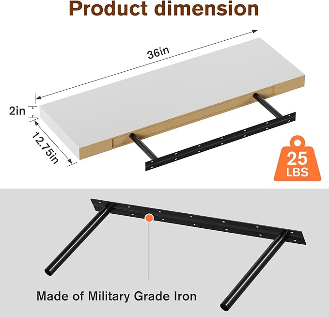 Large Floating Shelves for Wall Set of 3 Wooden Wall Shelves 36 in x 12.75 in x 2 in Room Decor Long Shelf with Invisible Wall Mount Bracket for Bedroom Kitchen Living Room White