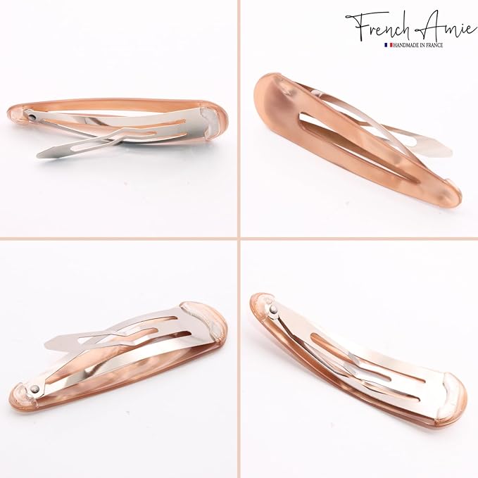 French Amie Clic Clac Large Handmade Celluloid Acetate Set of 2 Snap Hair Clips No Slip Side Slide-in Barrette for Women and Girls (Glossy Golden)