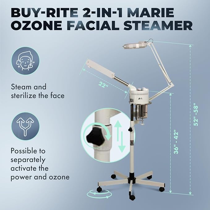 Buy-Rite 2-in-1 Marie Ozone Facial Steamer, 5 Diopter Magnifying Lamp, Fully Adjustable Height, 360' Swivel, Timer and Automatic Shut-Off, Large Star Base with Wheels, MEI-2001A