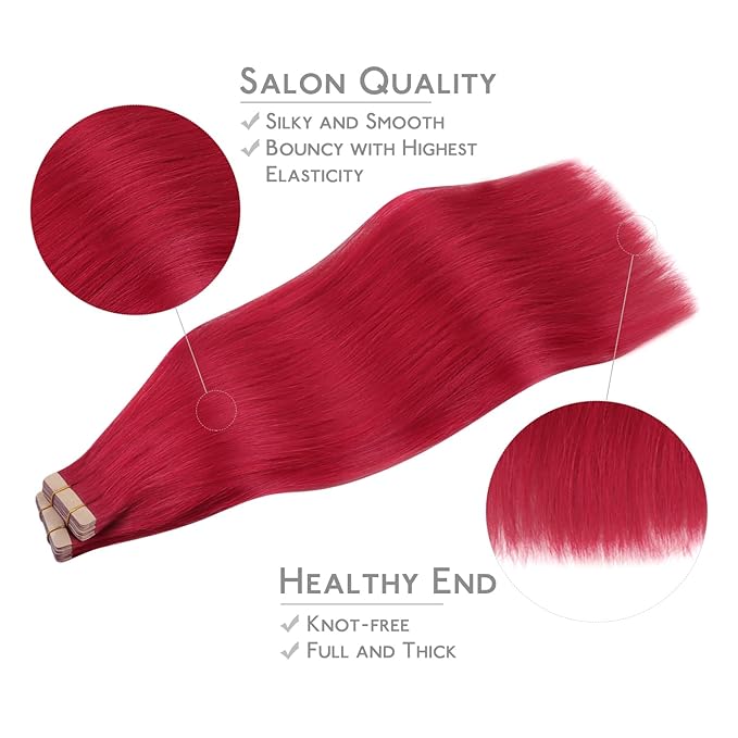 WENNALIFE Tape in Hair Extensions, 40pcs 120g 26 Inch Red Human Hair, Straight Invisible Reusable Real Extensions