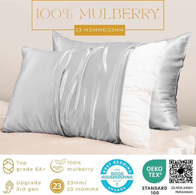 PROMEED 100% Mulberry Silk Pillowcase 2 Pack, Upgraded 3rd Generation Silk Pillow Case Set of 2 for Hair and Skin, Anti Acne, Anti Wrinkle (Standard 20"x26", Light Grey)