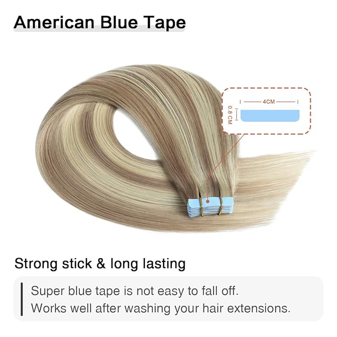 SUYYA Tape in Hair Extensions Human Hair Ash Blonde Highlighted Bleach Blonde 18 Inch 50g/pack 20pcs Straight Seamless Skin Weft Tape in Real Human Hair Extensions(18inch #P18/613)