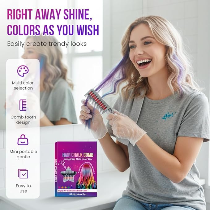 Festive Fun Hair Chalk Combs,2026 NEW Hair Color Comb Temporary Hair Chalk Comb,8/10 Color Washable Hair Chalk Set Hair Chalk Comb Temporary Bright Washable Hair Color Dye (10 Colors)