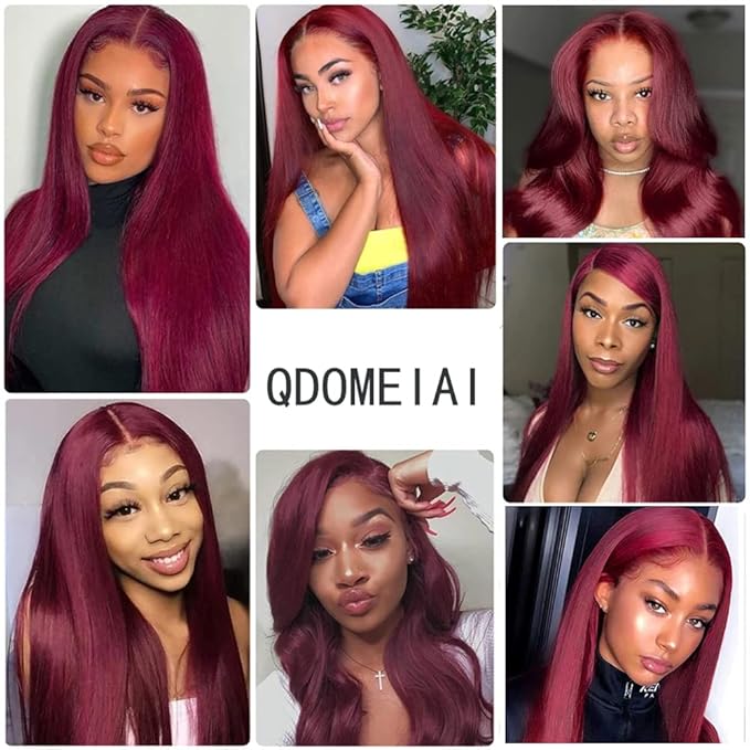 Burgundy 99J Lace Front Wigs Human Hair Pre Plucked Wine Red 13x4 Straight Lace Frontal Wig with Baby Hair for Black Women 150% Density Wig Colored Brazilian Virgin Hair Wig 20 Inch