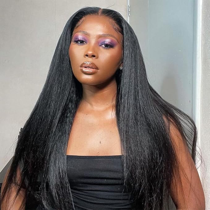 GOLFMAX Kinky Straight Lace Front Wigs Human Hair Pre Plucked With Baby Hairs 180% Density Yaki Straight 13x4 Transparent HD Glueless Lace Wig Human Hair Wigs For Black Women 24 Inch
