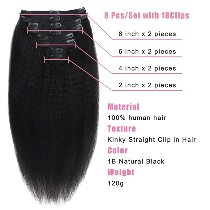 Kinky Straight Human Hair Clip in Extensions 120g Full Head Clip ins for Women 100% Unprocessed Brazilian Virgin Human Hair Yaki Straight Clip ins Remy Hair Natural Black 8Pcs 18Clips 18inch