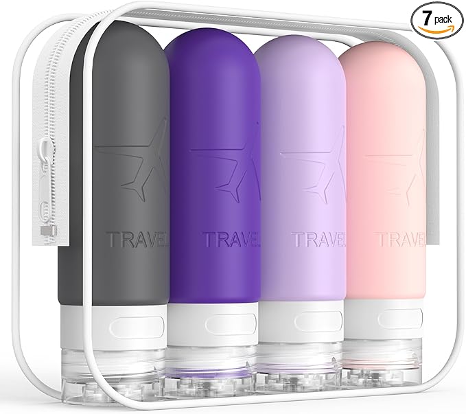 ME.FAN Travel Bottles for Toiletries, TSA Approved 3oz Travel Size Containers, Silicone Squeezable Portable Split Bottle, Travel Accessories for Conditioner, Shampoo, Lotion- 4 Pack Purple