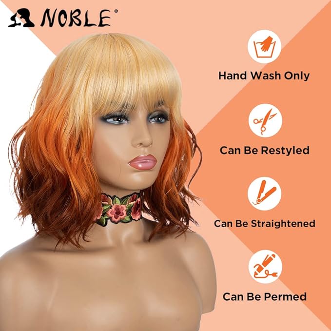 NOBLE Short Bob Wigs with Bangs for Women 3 Tone Ombre Color Synthetic Shoulder Length Curly Wavy Blonde to Orange to Ginger Wig Natural Looking Heat Resistant Colorful Daily Party Cosplay Bob Wigs.