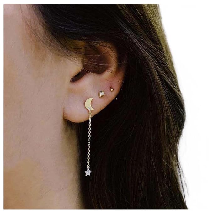 Bohemia Moon Star Dangle Earrings Gold Cz Moon Drop Chain Earrings Crystal Star Earrings Star Chain Earrings for Women and Girls