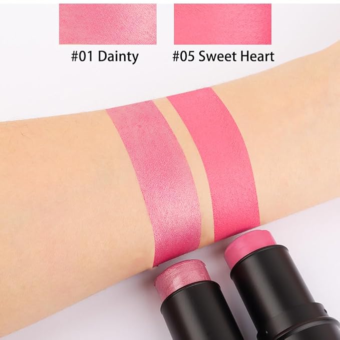 evpct 2Pcs Shimmer Pink Rose Cream Blush Stick for Cheeks Lips Tint Eyes Contour Highlighter Makeup Sticks Lightweight Hydrating formula rubor en crema para los cachetes 01 Dainty & 05 Sweet Heart