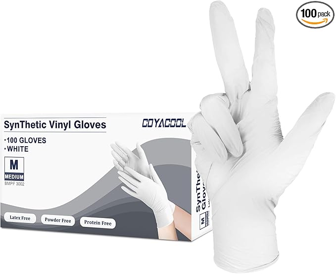 Disposable Gloves Medium, Nitrile and Vinyl Blend Material Gloves, Latex Free, 4 Mil 100 Pc Food Grade Glove for Cleaning, Food Prep, Hair Dye, Tattoo, White