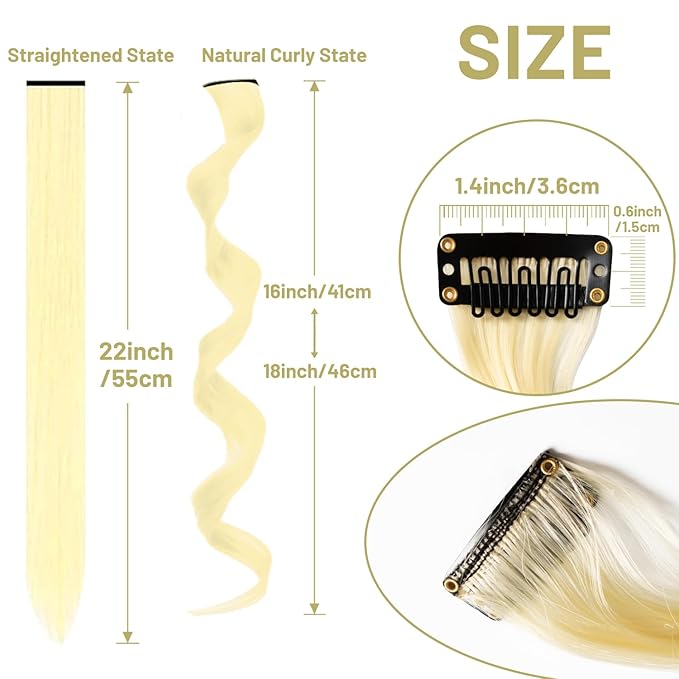 16 Pcs Colored Hair Extensions Curly Wavy Clip in Synthetic Hair Extensions,Colorful Party Highlights Hairpiece Streak for Girls Women Kids Christmas Cosplay Party Gift(Blonde)