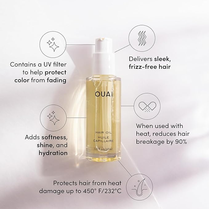 OUAI Hair Oil - Hair Heat Protectant Oil for Frizz Control - Adds Shine and Smooths Split Ends - Color Safe Formula - Paraben, Phthalate and Sulfate Free (1.5 fl oz)