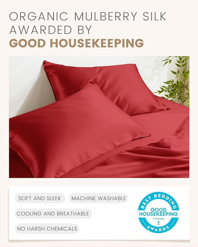 THXSILK 100% Silk Pillowcase for Hair and Skin, Both Sides Grade 6A+ Natural Mulberry Silk Pillow Case with Hidden Zipper, Soft and Smooth Red Pillowcase(1pc, Queen Size 20"x30")