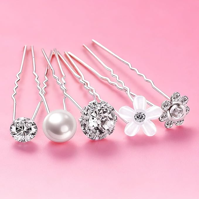 40 PCS Wedding Hair Pins for Brides, Pearl Hair Pins for Wedding, Silver Crystal Rhinestone Hair Pin Decorative Hair Accessories for Bridal Bridesmaid Women Prom Party