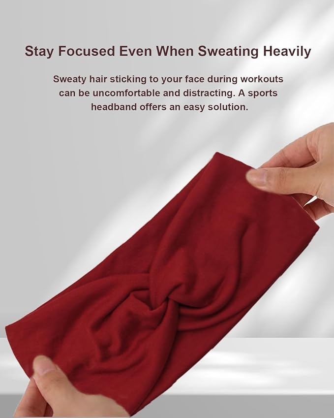10 Pcs Wide Absorbent Sport Headbands for Women, Non-slip, Stretchy, Soft Cotton Twist Knotted Hair Bands for Daily Workout Yoga Running Sports, Rose Red