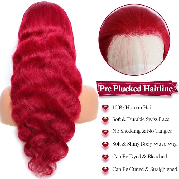 99J Burgundy Lace Front Wigs Human Hair 200% Density 13X4 Body Wave Lace Frontal Wigs for Women Glueless HD Red Wigs Human Hair Pre Plucked with Bleached Knots Natural Hairline 22 Inch