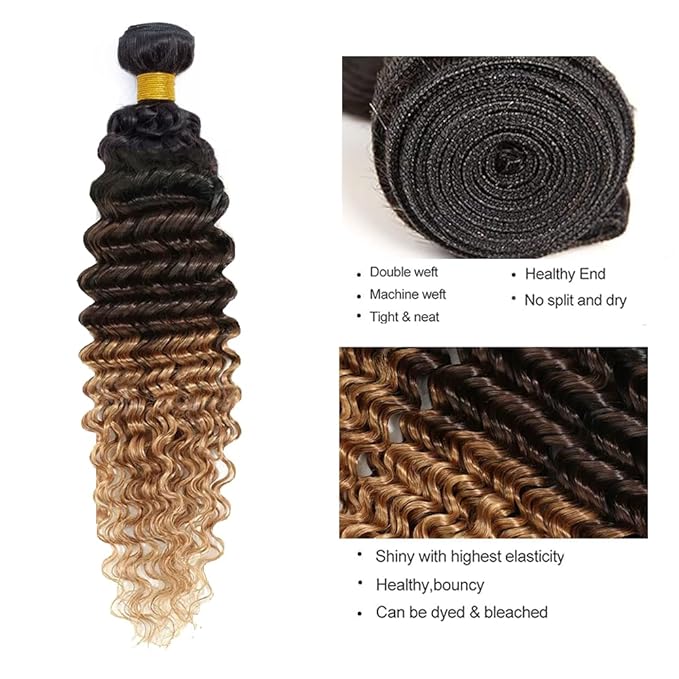 28 30 32 Inch Ombre Blonde Deep Wave Bundles Human Hair T1B427 Bundles Niegmeag Virgin Remy Hair Extensions 3 Tone Brown and Blonde Bundle Hair Weave