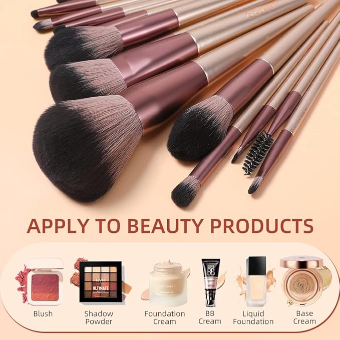 DUcare Makeup Brushes with Bag - 14Pcs Professional Synthetic Make Up Brushes Set for Blush Concealer Foundation Bronzer Powder Eyebrow Eyeshadow Blending Makeup Brush Set Mekaup bag, Rose Golden