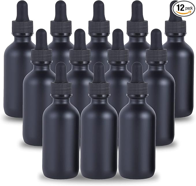 1 oz Dropper Bottle 12 Pack Black Glass Boston Bottles 30ml with Eye Droppers Black Caps for Essential Oils, Perfume, Leak Proof Travel Bottles for Liquids