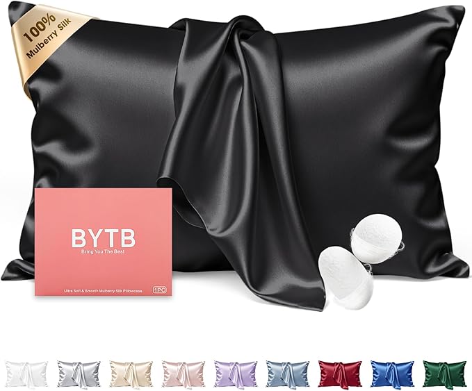 Silk Pillow Cases Standard Size 100% Mulberry Silk Pillowcase for Hair & Skin 22 Momme Both Sided Grade 6A Silk Cooling Soft Breathable 20 x 26 Inches with Hidden Zipper 1PC, Black