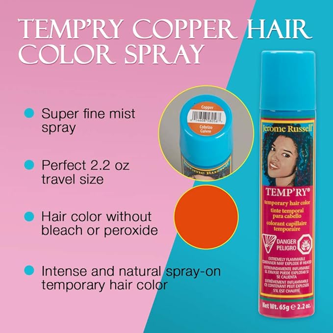 Jerome Russell Temporary Hair Color Spray Intense SprayOn, FastDrying NonSticky Travel Size Hair Dye for Instant Vivid Hair Color 2.2 oz, Copper, 1 Count